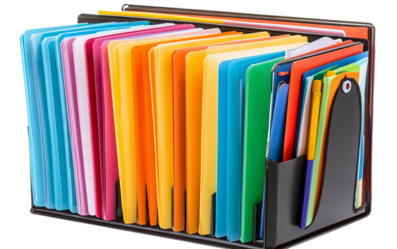 Closeup of a multi-subject binder containing labeled section dividers and fresh sheets of paper arranged for efficient organization