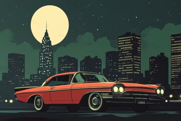 Animated car navigates a vibrant city under a large moonlit sky at night, Animated car riding against night city background, vintage music video, game