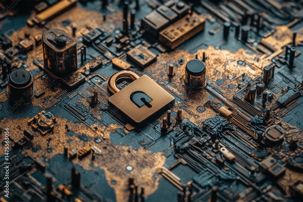 Poster data processing illustrated on a world map with a digital padlock symbolizing cybersecurity measures