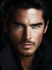 Obraz premium Portrait of a serious man with dark hair and green eyes wearing black clothes