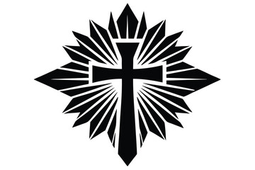 Christian cross emblem with geometric starburst radiates from behind it against a white backdrop