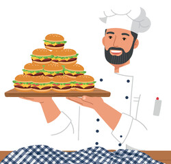 Chef holding wooden tray with stacked cheeseburgers smiling in kitchen illustration 
