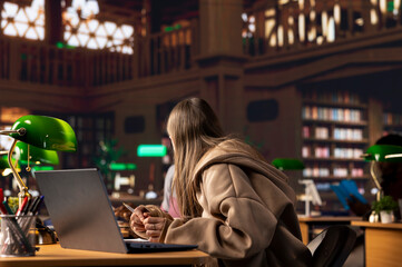 University student making exam preparations at the campus library, doing research to complete her handwritten class notes. Young girl searching for academic information within the database.