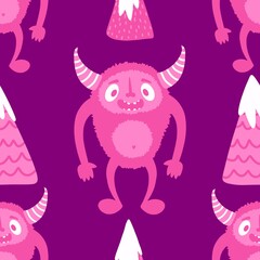 Winter monsters seamless Christmas yeti pattern for wrapping paper and fabrics