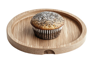 Single poppy seed muffin on wooden plate