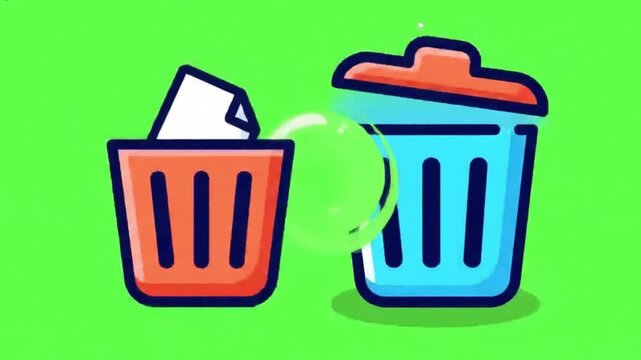 Cartoon trash can with orange lid on a green background illustration