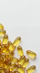 Softgel capsules with golden liquid scattered on neutral background. Omega fish oil or vitamins close-up, vertical backdrop with copy space. Health concept. Overuse of dietary supplements issue