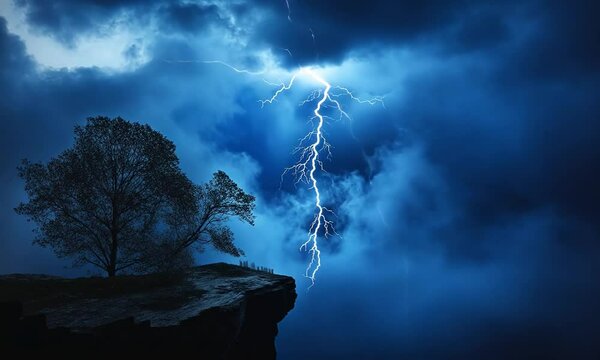 Dramatic lightning striking a cliffside tree under a stormy sky, evoking nature's power