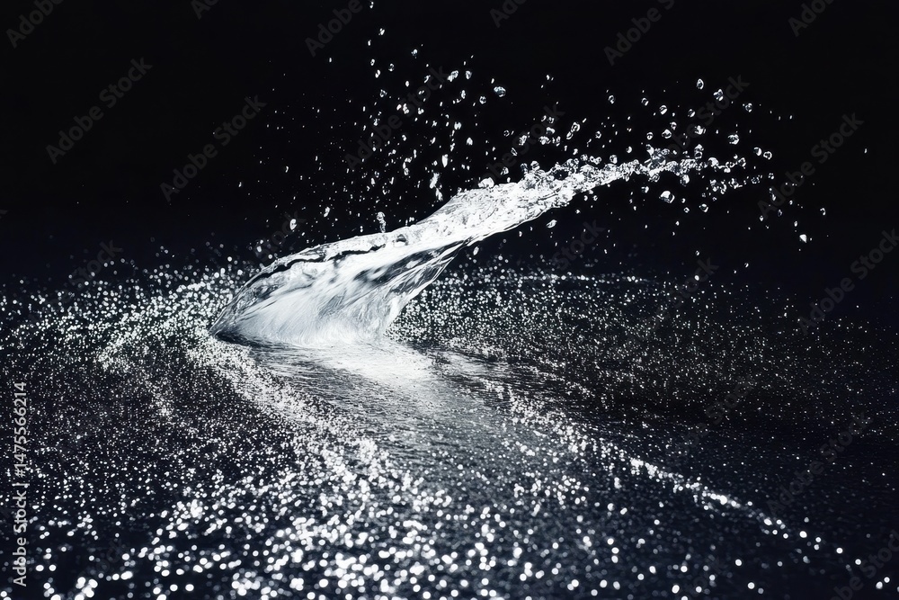 Poster dynamic water splash captured on dark background highlighting movement and texture, a stream of wate