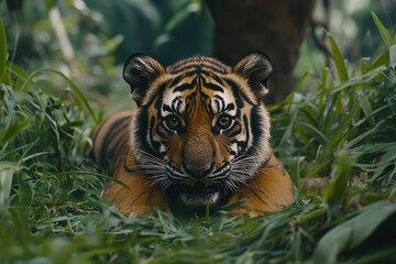 Fototapeta premium Tiger curiously gazes at the camera with a frown in a lush green environment, tiger looks at the camera with interest and frowns