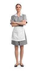 Full-length portrait of smiling chambermaid on white background