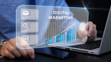 Digital marketing growth chart, increase sales marketing revenue. 3D graphics