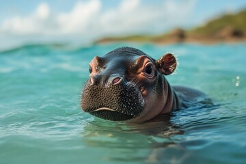 Fototapeta premium Baby hippopotamus enjoying the water in St Lucia South Africa during sunny moments of the day, Baby Hippopotamus in water at St Lucia, South Africa