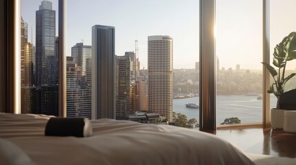 Modern Bedroom with Expansive City Skyline View at Sunset