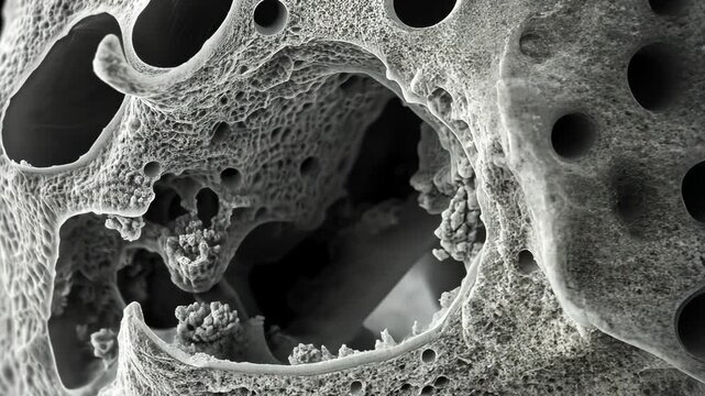 A close up of a bone with holes in it. The bone is white and the holes are black