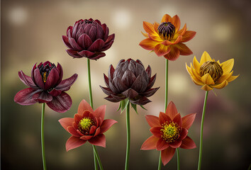 set of flowers - yellow flower on black background - Photograph of unique royal flowers featuring brilliant shine, Perfect for luxury branding