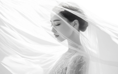 The bride gently holds a delicate translucent veil before her face, adding a layer of mystery and elegance to her wedding day