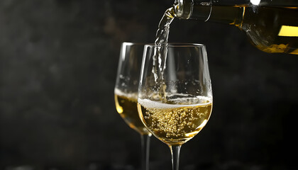 Pouring tasty aromatic wine in glass on dark background, closeup. Space for text