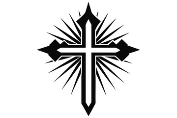 Black cross with stylized sunburst emits striking rays in monochrome presence