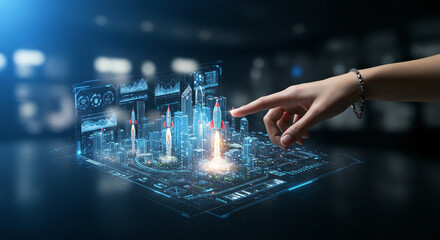 Futuristic Cityscape Projection: A hand interacts with a holographic city featuring rocket launches and glowing data overlays.