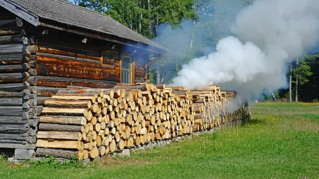 Rustic log stack and smoke