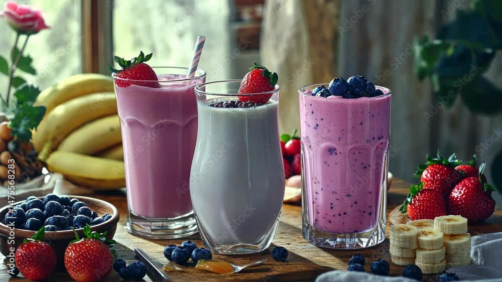 Poster three different types of smoothies are displayed on a table with a variety of fruits and berries. th