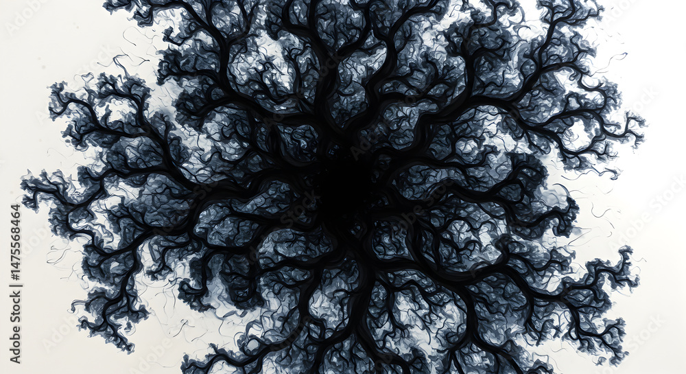 Poster intricate dark blue fractal pattern radiating from a central void