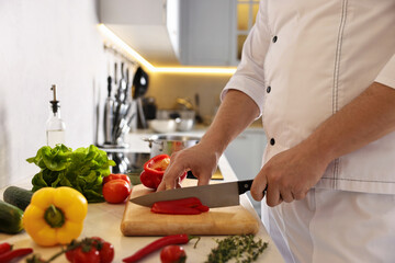 Professional chef cutting bell pepper at counter in kitchen, closeup