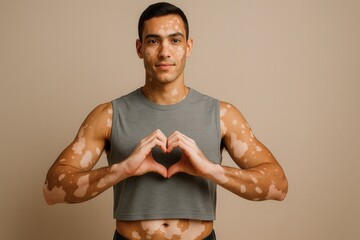 Young man with vitiligo forming a heart with his hands. Promotes body positivity, inclusion, and confidence. Ideal for World Vitiligo Day, awareness campaigns, and diversity visuals
