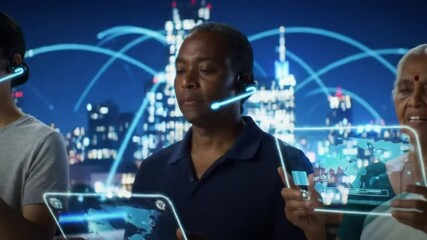 People using futuristic tablets with world maps and headsets in front of a cityscape backdrop - Powered by Adobe