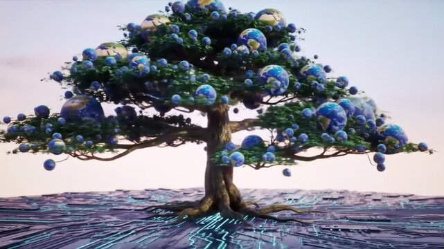 A digital tree with earth globes as fruit on a circuit board surface against a light sky backgroun