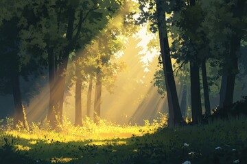 Sunlight filters through trees in a tranquil morning forest setting, nature, trees, sunlight, morning