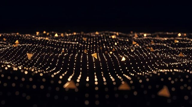 Abstract particle wave digital art in golden glow for technology and data concept with copy space