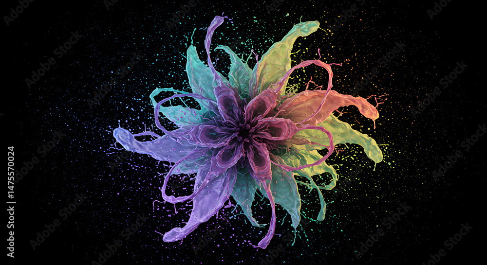 Poster paint bloom kaleidoscope multicolor splatter on dark canvas backdrop