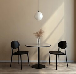 Modern minimalist dining area with round table and chairs.