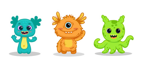 set of cartoon monsters. Cute monsters. Kids funny character design for posters, cards, magazins. Vector illustration
