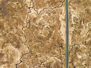 Top Down over Rannoch Moor from a drone, Loch Ba and Loch of the Armpit, A82 Highland Way, Argyll and Bute, West Highlands, Scotland
