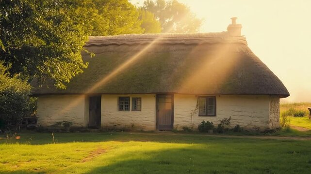 Thatched cottage sunlight morning