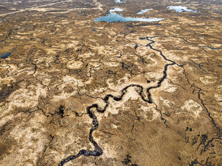 Top Down over Rannoch Moor from a drone, Loch Ba and Loch of the Armpit, A82 Highland Way, Argyll and Bute, West Highlands, Scotland