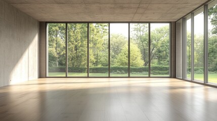 Fototapeta premium Modern empty room with large windows showcasing a garden view.
