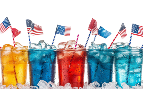 A large metal bucket overflowing with a variety of cold drinks surrounded by ice and decorated with multiple small country flags