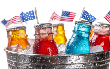 An assortment of chilled beverages placed in an ice-filled bucket with miniature national flags creating a festive atmosphere