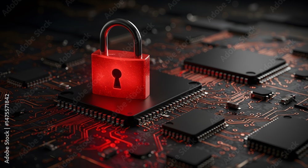 Poster red padlock resting atop a computer chip with visible circuits and other electronic components