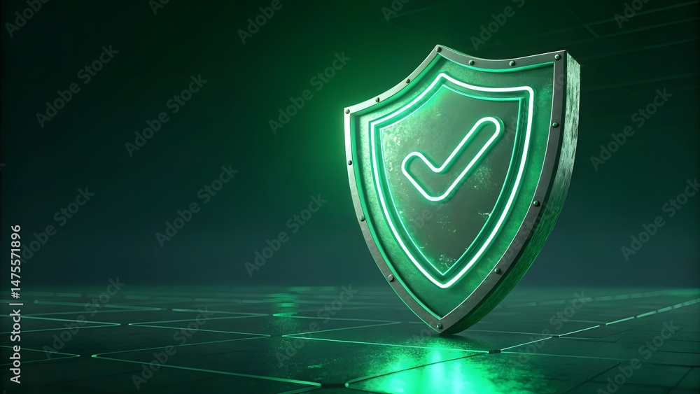 Poster glowing shield with checkmark standing upright on a grid floor in a green toned environment