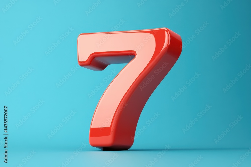 Poster bright red number seven against a blue backdrop creates a vibrant visual representation of numeric i
