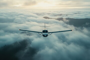 Exploring the skies above clouds during a serene flight at sunset, Aerial view flying in the midst of clouds in the sky with a mountain side in the background