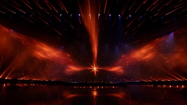 powerful fire burst backdrop on elegance stage show with spotlight in dark backdrop background