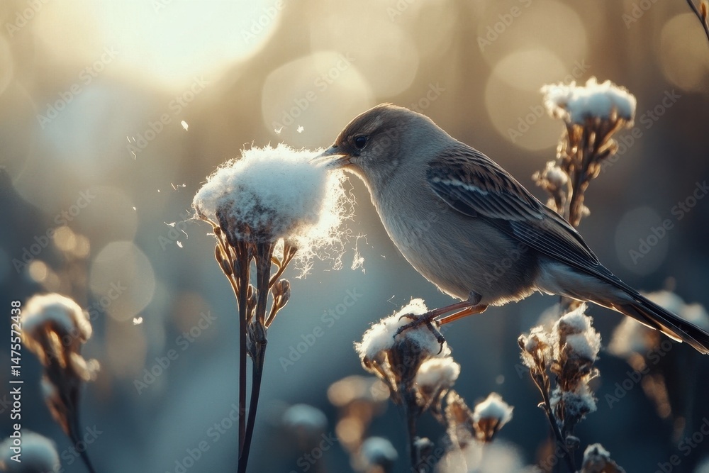 Poster bird collects fluff from plant in soft light during slow-motion capture, bird takes out fluff from a