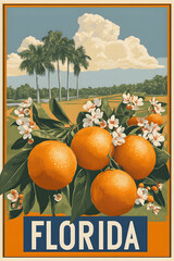 Florida oranges with flowers and palm trees background