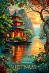 Obraz premium Traditional Vietnamese landscape with pagoda at sunset